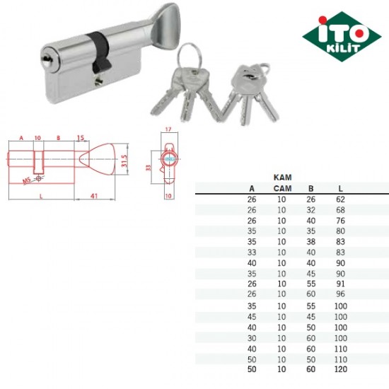 İTO 754T/90K Bilyalı Silindir- Mandallı, 5 Anahtarlı, Emniyet Kartlıı ( 35 + 10 + 45 ) - 90 mm